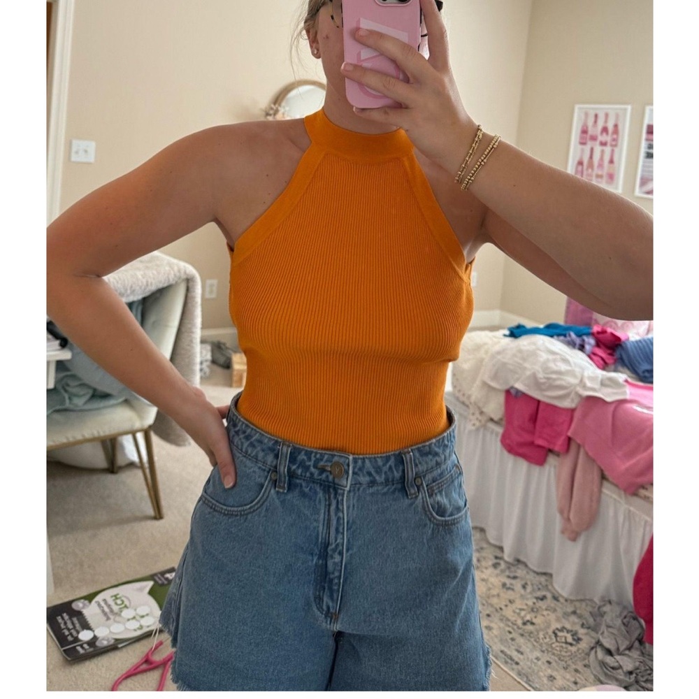Lulus Orange Halter Neck Ribbed bodysuit